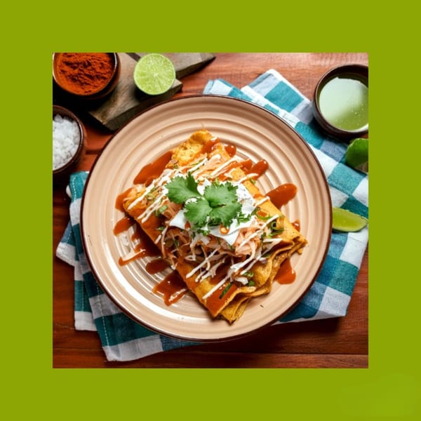 Mexican enfrijoladas with sour cream, cheese, and cilantro, served with lime, chili powder, and salt.