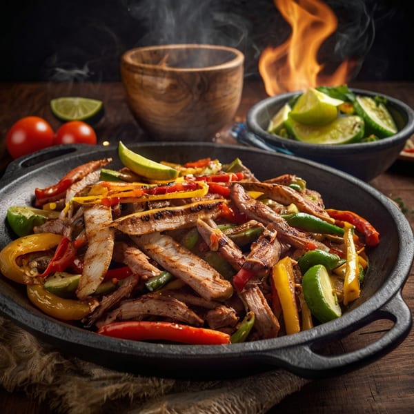 Sizzling La Familia Callejas Mexican Food fajitas with steak, peppers, and limes in a cast iron skillet.