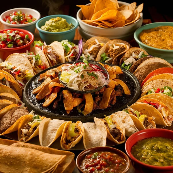 A large spread of La Familia Callejas Mexican food, including tacos, chips, salsa, and guacamole.