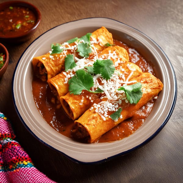 Four enchiladas covered in red sauce, cheese, and cilantro, with salsa and guacamole on the side.